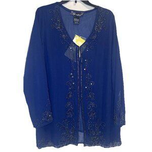 Susan Graver Womens Blue Beaded Embellished Polyester Cardigan Blouse Top M NEW